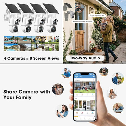 Camcamp Solar Security Cameras Wireless Outdoor, Dual Lens 4-Camera System