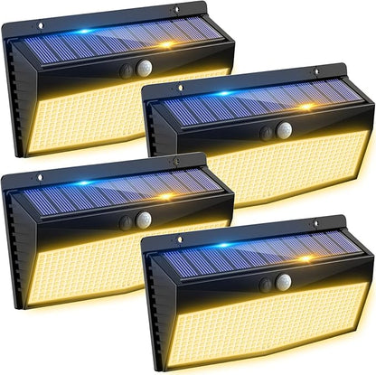 Peasur 4 Pack 368 LED Solar Motion Sensor Lights Outdoor, Solar Fence Lights with 3 Lighting Modes, Solar Powered Security Lights Waterproof for Outside Yard Wall Garden Backyard Step, Warm White