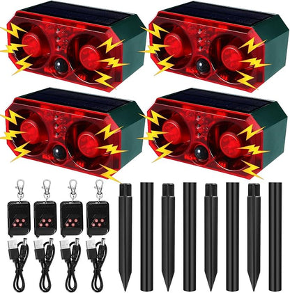 Qualirey 4 Pcs Solar Outdoor Motion Sensor Alarm with Stake Animal Deterrent Dog Barking Sensor 13 Sound 130dB Loud Noise Maker 4 Mode with USB Remote Control Support Recording Volume Adjustment