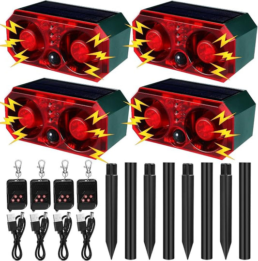 Qualirey 4 Pcs Solar Outdoor Motion Sensor Alarm with Stake Animal Deterrent Dog Barking Sensor 13 Sound 130dB Loud Noise Maker 4 Mode with USB Remote Control Support Recording Volume Adjustment