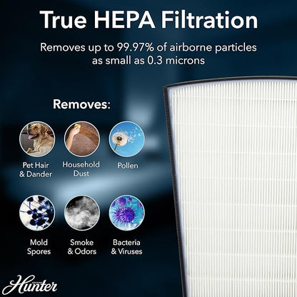 Hunter HP800 Air Purifiers for Home Large Room and Bedroom. True HEPA Air Purifier for Pets, Odors, Allergens, Smoke, Dust, VOC's. Value Bundle w/Extra Filter. Cleans 2585 Ft² per hour. Graphite