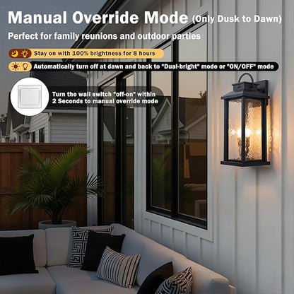 20 Inch Large Motion Sensor Outdoor Lights, Matte Black Dusk to Dawn Outdoor Wall Lights with Water Glass, 3 Lighting Modes Porch Lights Outdoor Light Fixture, Waterproof Outdoor Lights for House