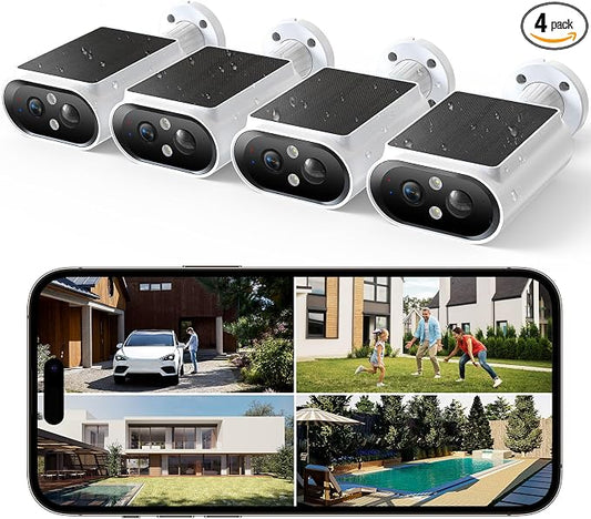 AlkiVision Solar Security Cameras Wireless Outdoor - 2K Night Color Vision for Outdoor Security, 360° View, AI Motion Detection, Spotlight, 2-Way Audio, Siren, IP67 Waterproof, SD/Cloud Storage, 4Pcs