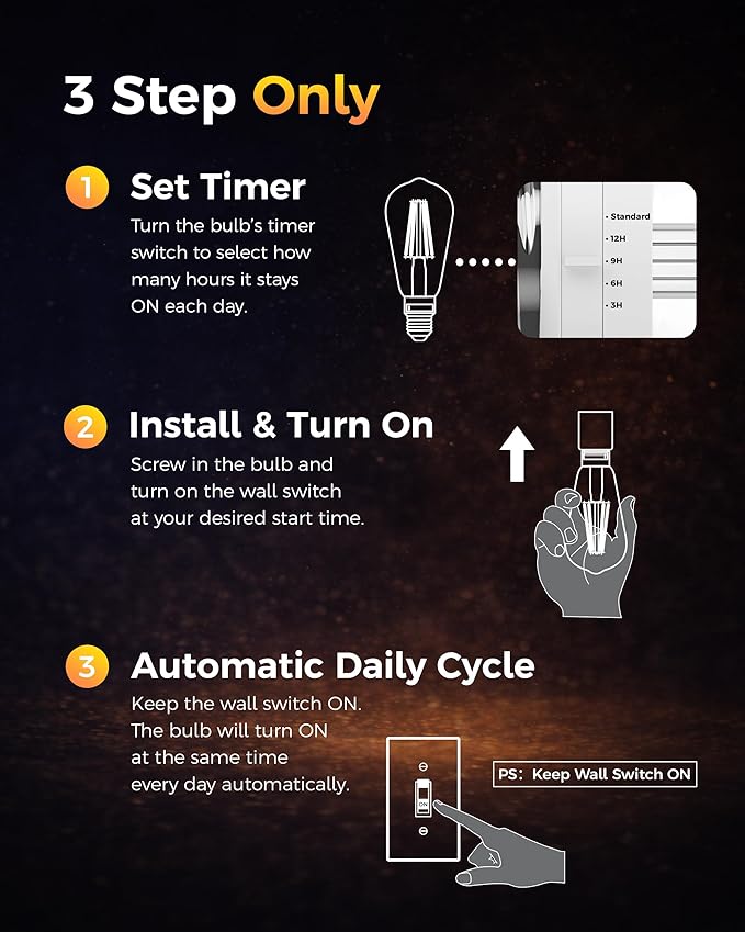 ST19 Timer Light Bulb 4 Pack: Vintage Edison LED Bulbs with Built-in Timer, 3H/6H/9H/12H Auto Modes, Warm White 2700K 600lm, E26 Base, No WiFi, Energy Saving Indoor/Outdoor Porch & Patio Light