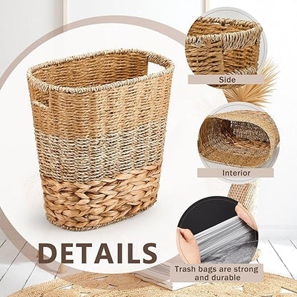 Ziliny 2 Pcs Wicker Trash Can with 50 Small Trash Bag Wicker Waste Woven Basket with Handles Clear Multi Use Garbage Bags for Bathroom Kitchen Bedroom(Various Materials,Classic Style)