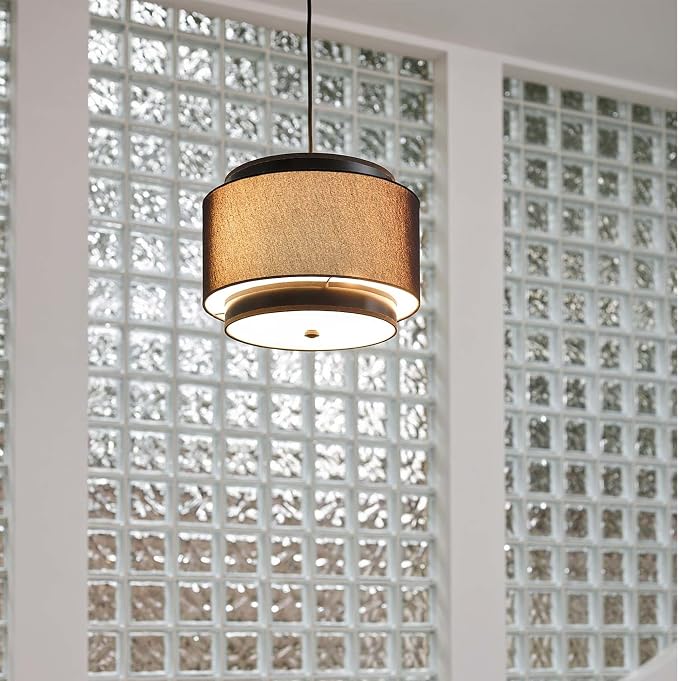 Globe Electric 61189 2-Light Pendant Light Fixture, Matte Black, Linen Outer Shade, Fabric Cord, Dining Room Fixture, Kitchen Island Lighting, Living Room Pendant Light, Hanging Lights for Bedroom