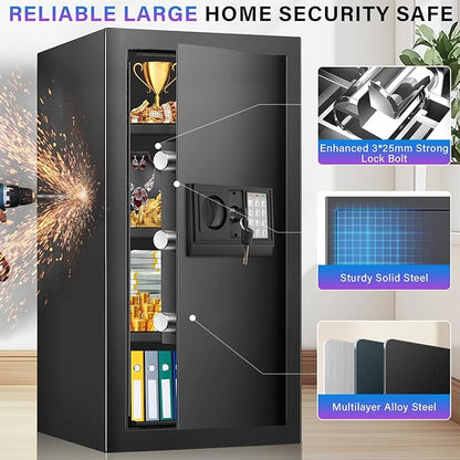 27.56 Inches Tall Safe Box, Home Safe with Fireproof Waterproof Bag, Anti-Theft Digital Security Lock Box with Smart Alert System, Removable Shelf, Mute Function, Document Safes for Jewelry