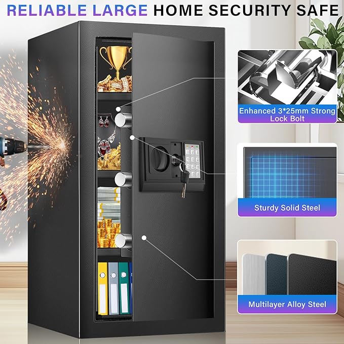 [27.57''] Tall Safe Box, Home Safe with Fireproof Waterproof Bag, 6.2 Cuft Anti-Theft Digital Security Lock Box with Smart Alert System, Removable Shelf, Mute Function, Document Safes for Jewelry