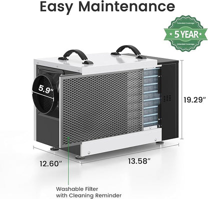 Waykar 125 Pint Crawl Space Dehumidifier with Drain Hose for Commercial, Basements, and Industry Water Damage Unit for Spaces up to 6500 Square Feet, Smart Humidity Control - 5-Year Quality Coverage