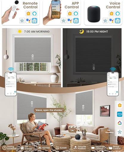 Kincmo Motorized Cellular Shades, Custom Motorized Blinds with Remote, Cordless Smart Electric Honeycomb Blinds Work with Apple HomeKit, Alexa, Google (100%-Blackout-Double-Cell Grey)