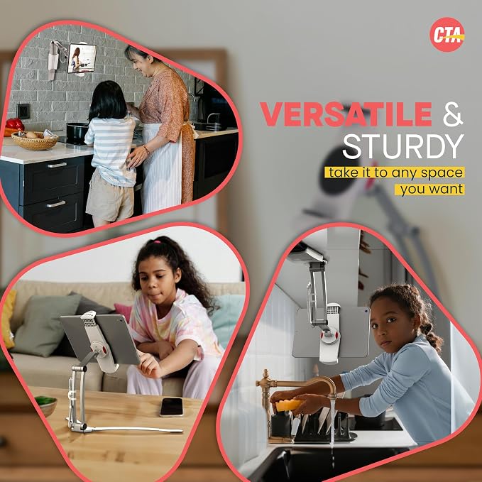 CTA Digital 3-in-1 iPad Tablet Mount – Multipurpose Universal Kitchen Mount Holder for All iPad Tablets 7-13" - Made for Wall - Under Cabinet & Desk - Silver (PAD-KMS)