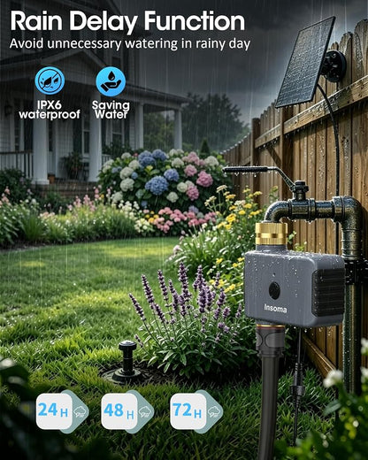 Insoma Solar WiFi Water Timer for Garden, 365-Day Power, Brass Inlet&Outlet | Solar Panel+Type-C Dual Power, APP&Voice Control, Alexa/Google Compatible, Rain Delay+Manual Mode, WiFi Direct, 2.4GHz, IPX6