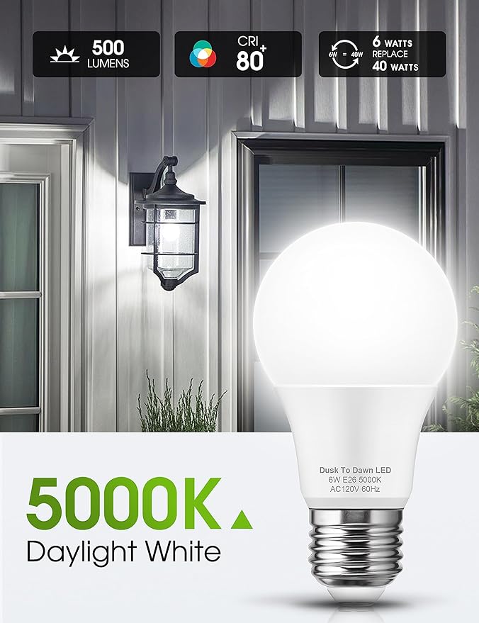 L LOHAS LED Dusk to Dawn LED Light Bulbs, 40W Equivalent LED Outdoor Lighting, Daylight 5000K, Automatic On/Off Outdoor Light, A19 6W Bright Porch Light Bulbs, 500LM E26 for Garage Patio, 4 Pack