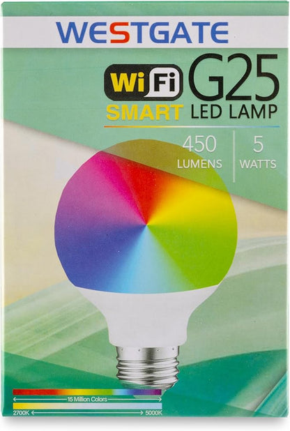 Westgate TC-G25-5W-RGBW-WIFI LED Smart Lamps 5W RGBW, Color Changing Light Bulb, Compatible with Alexa, Works with Google Home, Bathroom Vanity Light, 1 per Box