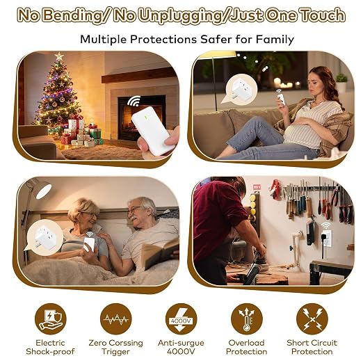 NineLeaf Remote Plug in On Off Switch, Square Outlet Plug with Remote, Wireless On/Off Light Switch Wall Mounted, 15A/1500W, TUV Listed, No Wiring Needed, 500ft RF, for Lamps, Fans,1 Switch 5 Outlets