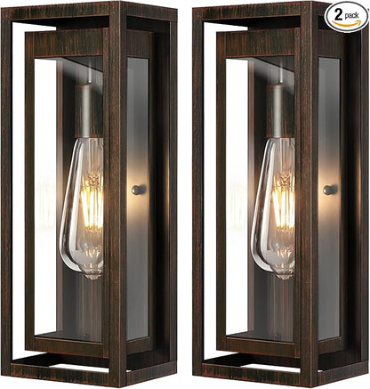 15" Large Outdoor Light Fixture Wall Mount, 2 Pack Distressed Brown Outdoor Sconce Lights, Modern Waterproof Exterior Porch Lights with Clear Glass Shade for Front Door, Garage