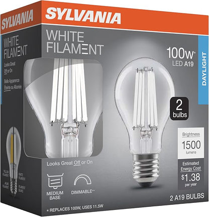 Sylvania A19 Clear LED White Filament Bulb, 11.5W, Dimmable, 1500 LMS, Medium Base, 5000K, Daylight - 2 Pack (42173)