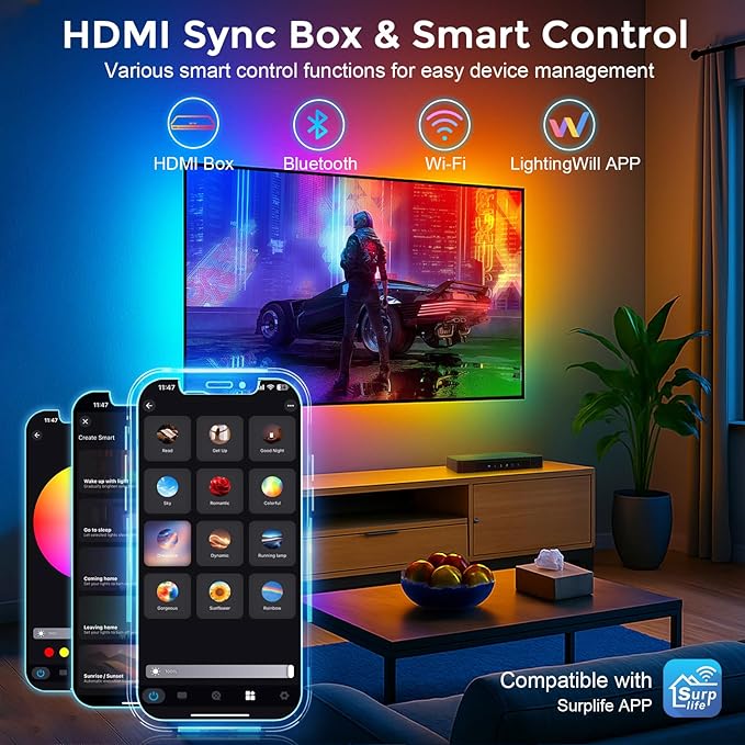 LightingWill 9.8ft LED TV Backlight Strip for 40-50 Inch TVs, Smart RGB-IC TV Backlight Sync to Screen with 4K HDR HDMI Sync Box, Compatible with Alexa & Google Home