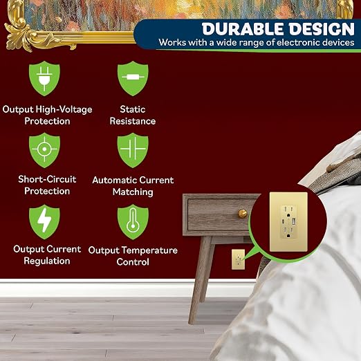 TOPGREENER USB Outlet, 4.2A Type C & Type A Wall Outlet, Gold, 2 Pack | 15 Amp Tamper Resistant Receptacle Plug, Charging Power Outlet with USB Ports, USB Receptacle, UL Listed, Wall Plate Included