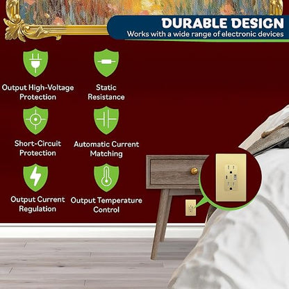 TOPGREENER USB Outlet, 4.2A Type C & Type A Wall Outlet, Gold, 2 Pack | 15 Amp Tamper Resistant Receptacle Plug, Charging Power Outlet with USB Ports, USB Receptacle, UL Listed, Wall Plate Included