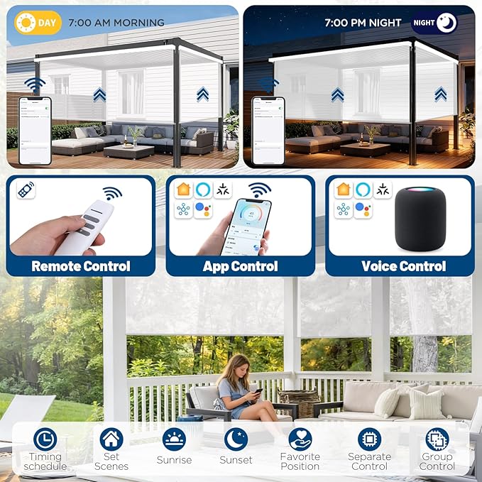 Motorized Outdoor Shades, Custom Patio Roller Blinds with Remote, Smart Exterior Sun Shades Compatible with Alexa, HomeKit, Google Home (5% Openness White)