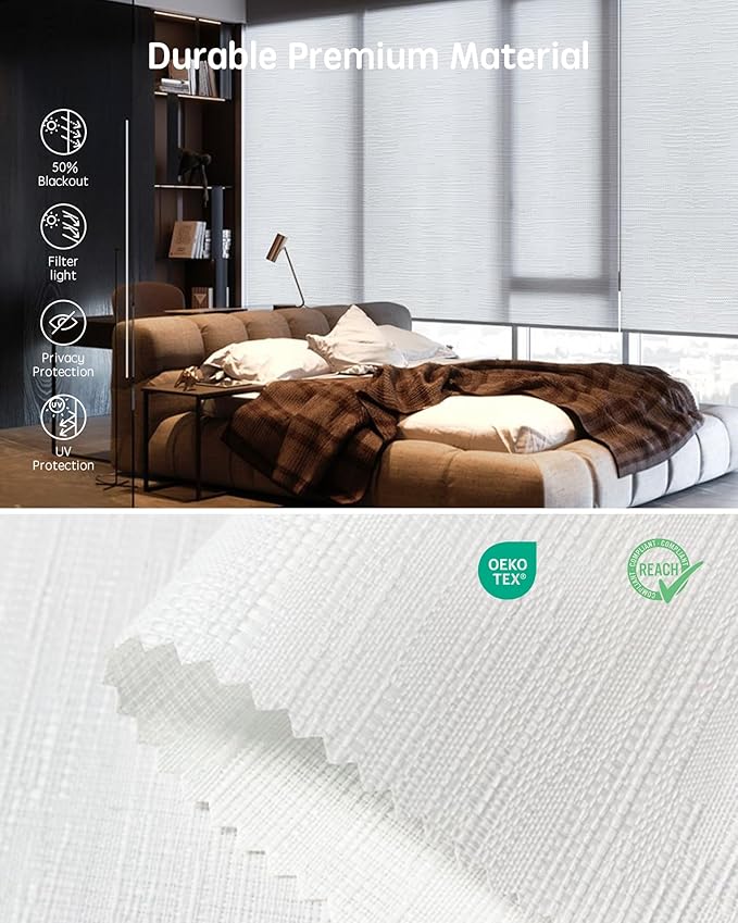 Yoolax Motorized Blinds with Remote, Light Filtering Smart Roller Shades Work with Alexa, Google, Apple Homekit, Custom Automatic Shades with Voice Control for Living Room (Jacquard White)