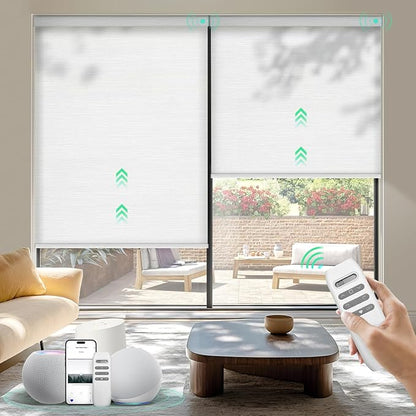 HeyBlinds Motorized Blinds with Remote, Smart Roller Shades with App & Voice Control, Work with Alexa Google HomeKit, Light Filtering Custom Shades for Living Room Office (Summer Haze-Opaline LF)