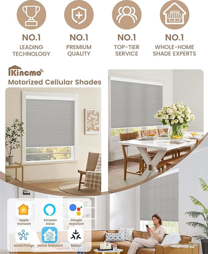 Kincmo Motorized Cellular Shades, Custom Motorized Blinds with Remote, Cordless Smart Electric Honeycomb Blinds Work with Apple HomeKit, Alexa, Google (85%-Blackout-Double-Cell Grey)