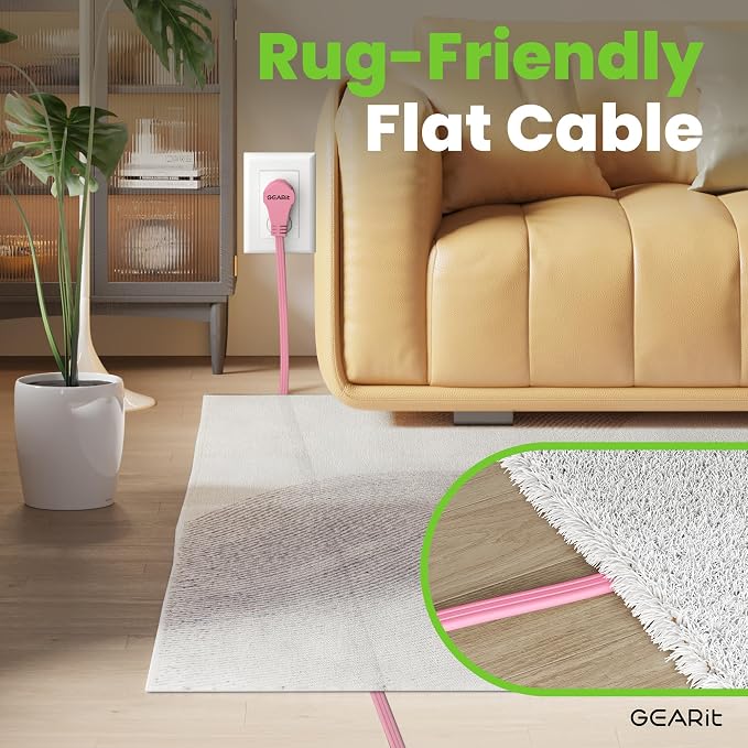 GEARit 2 ft 360° Rotating Flat Plug Extension Cord, 3 Outlet Low Profile Power Cord, 16 AWG 13A 3 Prong Grounded Indoor Cord, ETL Listed, Space-Saving for Furniture, Pink