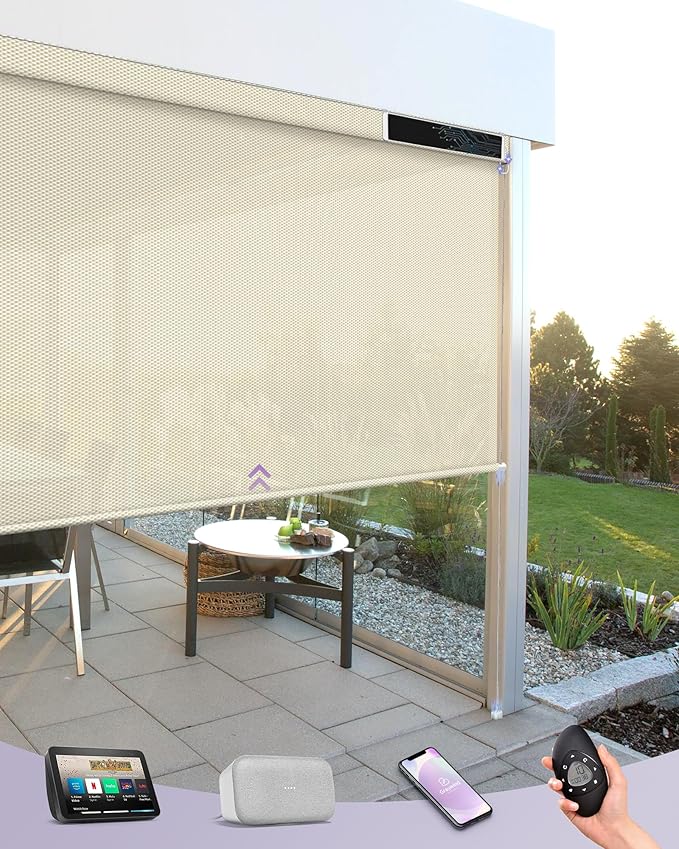 Graywind Motorized Outdoor Shades for Patio Compatible With Alexa Google Smart Sun Blinds Exterior Solar Powered Electric Roller for Outside, Custom Size (3% Openness Gloam Beige)