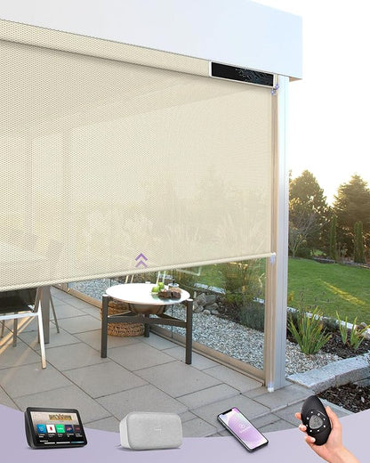 Graywind Motorized Outdoor Shades for Patio Compatible With Alexa Google Smart Sun Blinds Exterior Solar Powered Electric Roller for Outside, Custom Size (3% Openness Gloam Beige)