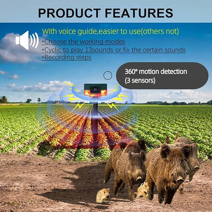 HULPPRE Solar Outdoor Motion Sensor Alarm-Dog Barking&Gunshot Sound,130db Loud Noise Maker,Support Recording,13 Kinds of Sound Strobe Light with USB,Say Goodbye to The Intruders