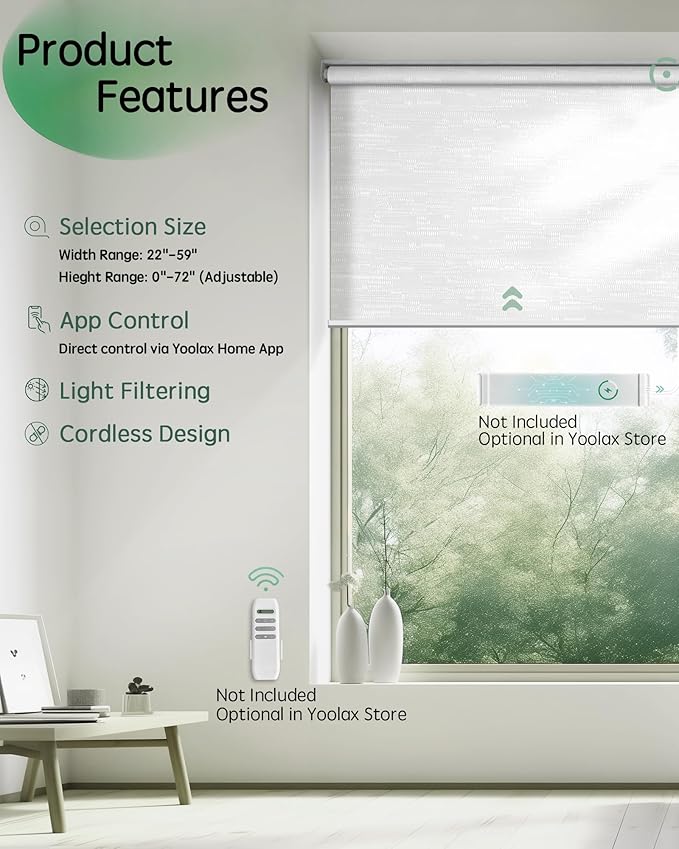 Yoolax Motorized Shades App Control, Light Filtering Automatic Blinds for Indoor Windows, Electric Roller Shades for Bedroom Living Room Office (Soft Jacquard White, 38" W x 72" H)