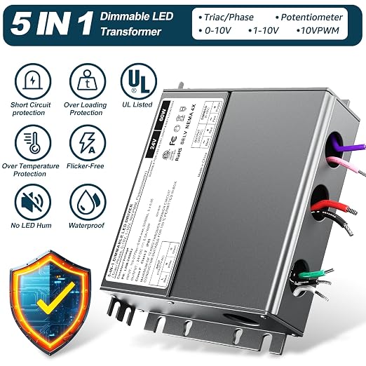 Dimmable LED Driver 24V 60W, 5-1 LED Transformer Compatible with Lutron and Leviton Dimmer Switch,Smooth Flicker Free Dimming, ETL& Class 2& FCC Certified, Triac/0-10V/RX/1-10V Dimmable Power Supply