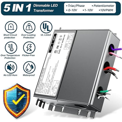 Dimmable LED Driver 24V 60W, 5-1 LED Transformer Compatible with Lutron and Leviton Dimmer Switch,Smooth Flicker Free Dimming, ETL& Class 2& FCC Certified, Triac/0-10V/RX/1-10V Dimmable Power Supply