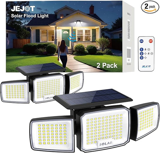 Solar Security Light Outdoor,Solar Flood Light with Active Motion Sensor,3 Heads 270° Wide Angle,Remote Control,IP65 Waterproof, 3 Modes (2 Packs)