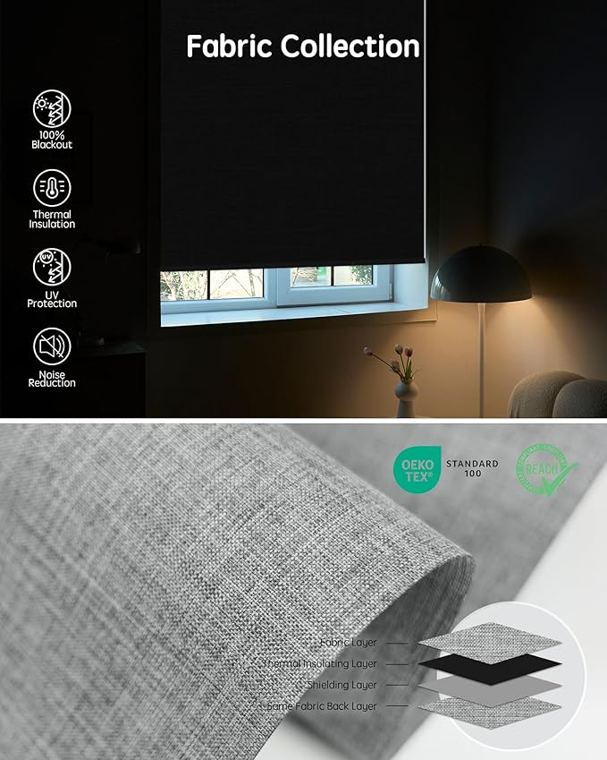 Yoolax Motorized Blinds with Remote, 100% Blackout Smart Roller Shades Work with Alexa, Google, Apple Homekit, Custom Automatic Shades with Voice Control for Bedroom Office (Fabric Smoky Gray)