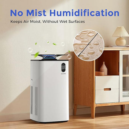 Humidifier and Air Purifier In One with Wheels for Bedroom, 6L Top Fill Evaporative No-White-Mist for Whole Home, Large Room Humidifier with Removable Tank & Dimmable Light, Easy Clean