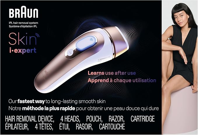 Braun Smart IPL, Skin i·Expert Pro 7, VOGUE's Best Hair Removal Device, IPL Hair Removal for Women and Men, Permanent Laser Hair Reduction At-Home, World's 1st Smart App, 4 Heads, IPL7387