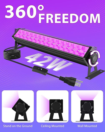 3 Pack 42W LED Black Light Bar, Blacklight Flood Light with Plug & Switch & 5.9ft Power Cord, Each Light Up 24x24ft Area, for Glow Fluorescent Party Bedroom Game Room Body Paint Stage