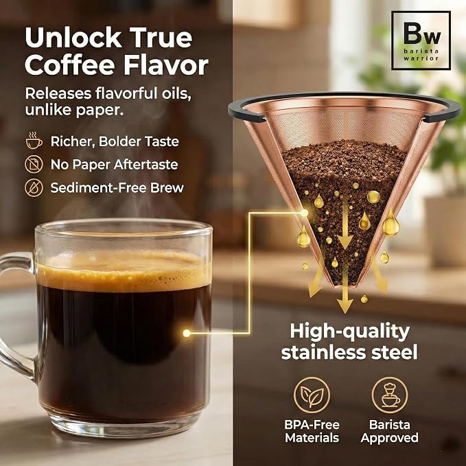 Barista Warrior Reusable Coffee Filter - Stainless Steel Pour Over Dripper, Compatible for Chemex, Hario V60 & Drippers, Easy to Clean Flavorful Brew Fine Mesh Coffee Filter - Copper