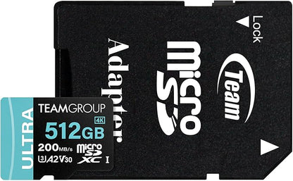 TEAMGROUP A2 Ultra Card 512GB MicroSDXC UHS-I U3 A2 V30, R/W up to 200/170MB/s for Nintendo Switch 1, Steam Deck, Gaming Devices, Tablets, Smartphones, 4K Shooting, with Adapter TULMSDX512GIA2V3022503