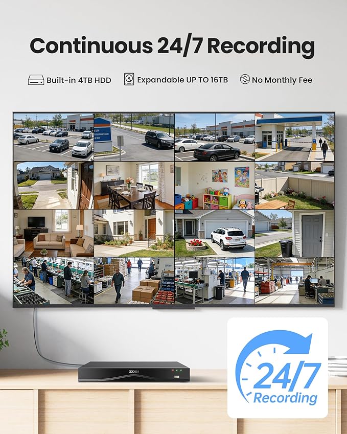 ZOSI 4K 16CH PoE Security Camera System, 16 x 8MP PoE IP Camera Outdoor Indoor with Human Detection, 100ft IR Night Vision, IP66 Weatherproof, 4K 16CH H.265+ NVR with 4TB HDD for 24/7 Audio Recording