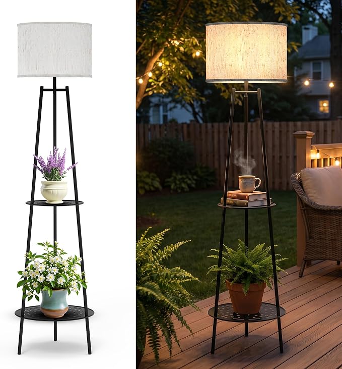 Solar Outdoor Floor Lamp with Plant Shelves, Waterproof Solar Standing Lamp for Patio Porch Garden Yard, Auto On/Off Warm LED Floor Light with 2-Tier Plant Stand, Cordless Outdoor Decor Lighting