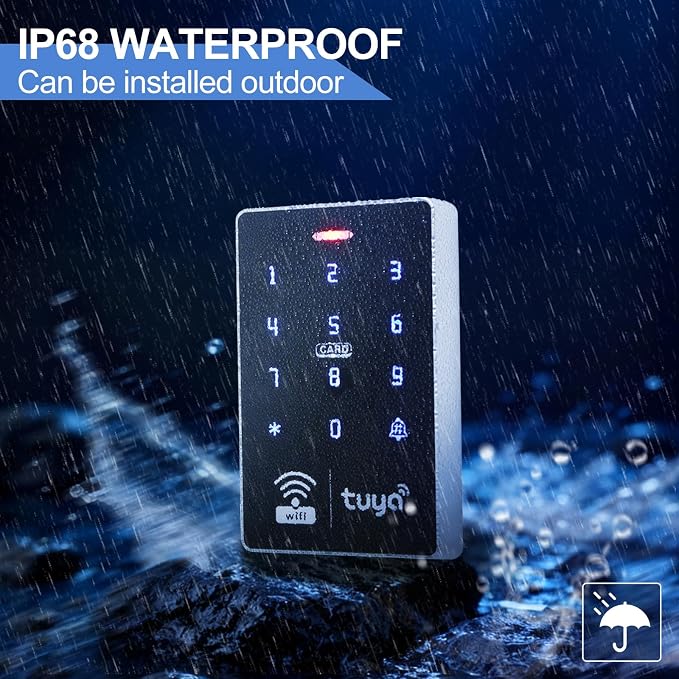Tuya Waterproof Access Control with 10 IC Cards | ABS housing, IP68 waterproof, 1000 users, keypad+APP, IC/ID dual-frequency, 1-99s adjustable