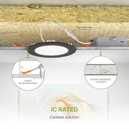 ASD 6 Pack LED Recessed Lighting 4 Inch 12W, 5 CCT 2700K-5000K CRI90+, IC Rated Ultra Thin Dimmable Ceiling Lights with J Box, Canless Wafer Downlight, Round Slim Panel Light, UL Listed, Bronze