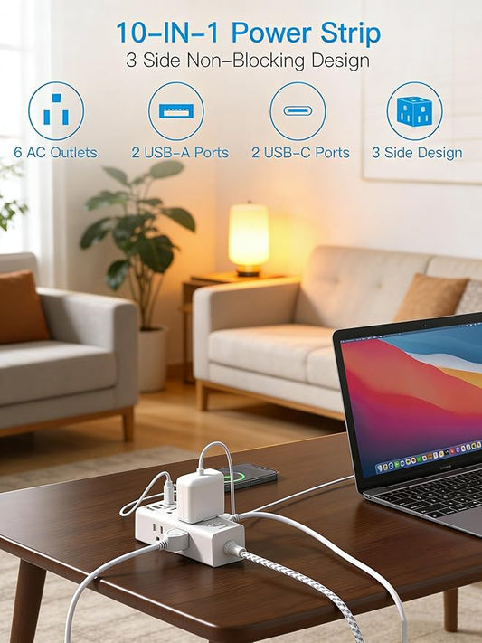 Flat Plug Extension Cord 25Ft, One Beat 900J Surge Protector Power Strip 25 Ft Long Cord with 6 Widely Outlets 4 USB Ports (2 USB C), Wall Outlet Extender Charging Station for College Dorm Room Office