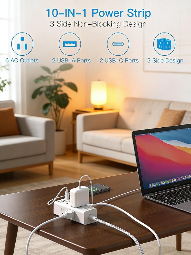 Flat Plug Extension Cord 10Ft, One Beat Surge Protector Power Strip 10 Ft Cord with 6 Widely Outlets 4 USB Ports (2 USB C), 3 Way Wall Outlet Extender Extension Cord for Home Office College Dorm Room