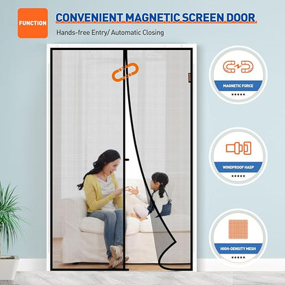 MAGZO Magnetic Screen Door Fit Door Size 40 x 80 Inch, Screen Size 42" x 81" Strong Magnet French Style Mesh, Heavy Duty Fiberglass Mesh with Hook & Loop for Sliding Entrance, Gray