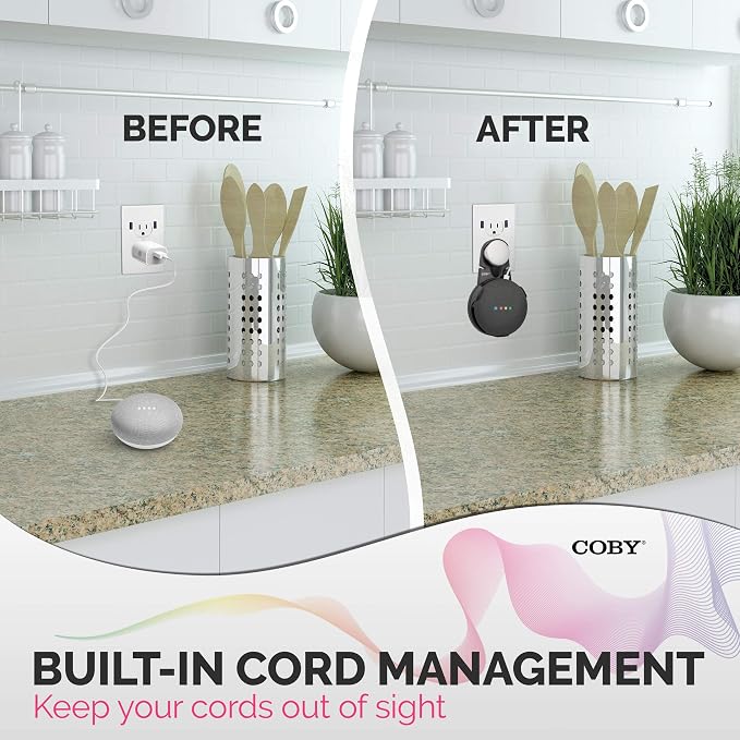 Coby Wall-Outlet Mount Smart Speaker Holder with Cord Holder & Cable Management, Wall Shelf for Google Nest Mini 2nd Gen & Google Home Mini 1st Gen, No Screw Plug Bracket, Black